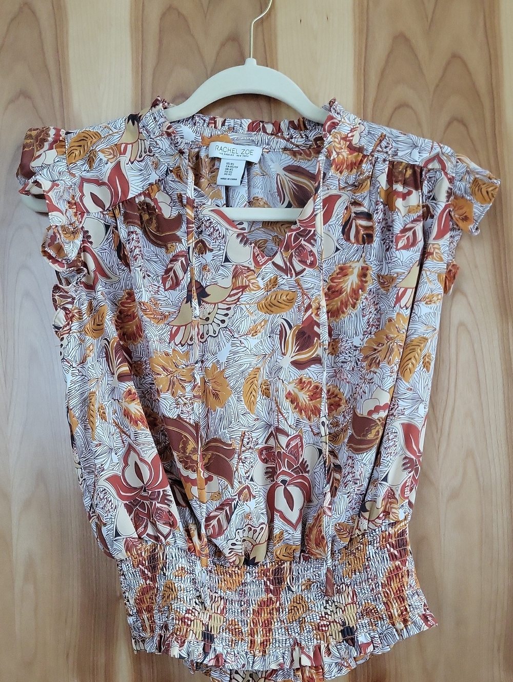 Rachel Zoe Rust Multi Floral Ruffle Sleeve Smocked Top